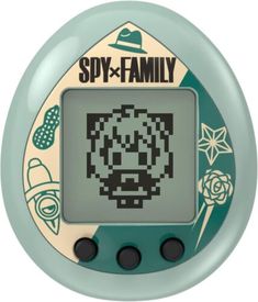 an old style gameboy with the words spy and family on it's screen