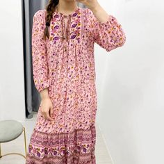 Lacing up V neck Pink Floral Print Long Sleeve Dress






size
Shoulder(cm)
Bust(cm)
Waist(cm)
Length(cm)
Sleeve(cm)


XS
38
96
--
121
55


S
39
100
--
122
56


M
40
104
--
123
57


L
41
110
--
124
58 Maxi Long Sleeve Dress, Long Beach Dress, Empire Waistline, Long Sleeve Print Dress, Pink Floral Print, Floral Print Maxi Dress, Floral Print Maxi, Long Sleeve Floral Dress, Lace Maxi Dress