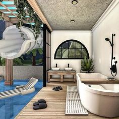 a bathroom with a large bathtub next to a swimming pool