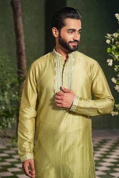 Sap green full sleeve kurta with thread, sequin embroidery on placket. Paired with churidar. - Aza Fashions Full Sleeve Kurta, Sap Green, Kurta Patterns, Kurta Set For Men, Nehru Jackets, Sequins Embroidery, Churidar, Kurta Set, Green Silk