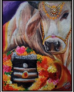 a painting of a cow with jewelry on it's head and an orange flower in its mouth