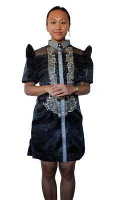 Black Organza Barong Filipiniana Dress- Phie JF011 For Sale – Barong World Formal Embroidered Dress With Intricate Details, Elegant Silk Embroidered Formal Dress, Formal Embellished Organza Embroidered Dress, Luxury Fitted Dress With Intricate Embroidery, Evening Dresses With Embroidered Sleeves, Floral Embroidery Mini Dress With Short Sleeves For Wedding, Fitted Silk Embroidered Dress For Party, Party Dresses With Embroidered Sleeves In Organza, Formal Embroidered Organza Dress