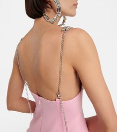 Crystal Embellished Ponte Jersey Minidress in Pink - Area | Mytheresa Crystal Embellishment, Bra Top, Plunging Neckline, Color Names, Bra Tops, Spaghetti Strap, Color Design, Trim, Mini Dress