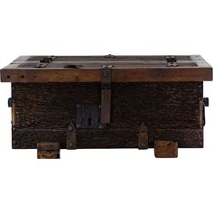 an old wooden trunk with metal latches on the front and sides, isolated against a white background