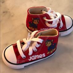 Brand New Custom Personalized James Paw Patrol Converse Baby Sneakers Non-slip Round Toe Sneakers For Play, Casual Non-slip Sneakers For Play, Red Sneakers With Soft Sole For Playtime, Red Sporty Sneakers With Soft Sole, Playful Red Non-slip Sneakers, Sporty Red Sneakers With Soft Sole, Cute Red High-top Sneakers, Red Non-slip Closed Toe Sneakers, Playful Red High-top Sneakers