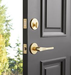 a close up of a door handle on a grey door with trees in the background