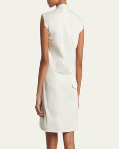 Proenza Schouler "Erica" dress cut from a stretch cotton twill suiting fabrication with raw trim     Band collar; hidden button placket    Chest flap pockets    Sleeveless    Yoked back    Back flap pocket    Hem falls above the knee    Sheath silhouette    Cotton/elastane    Dry clean    Made in Portugal Classic Sleeveless Dress With Pockets, Formal Cotton Dresses With Pockets, Chic Sleeveless Work Dress With Pockets, Elegant Fitted Sleeveless Dress With Pockets, Spring Workwear Dresses With Concealed Front Fastening, Tailored Workwear Dress With Pockets, Fitted Cotton Sleeveless Dress With Pockets, Tailored Office Dress With Pockets, Sleeveless Workwear Dresses With Slip Pockets