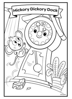 a cartoon clock that is in the middle of a coloring page for children to color