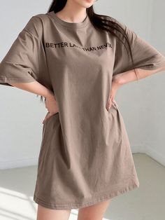 Khaki Casual Collar Half Sleeve Fabric Slogan Tee Embellished Slight Stretch  Women Clothing Oversized Casual T-shirt Dress For Fall, Casual Long Sleeve T-shirt Dress, Homewear Dress, Fancy Short Dresses, Neat Casual Outfits, Desi Dress, Drop Shoulder Tee, Traje Casual, Slogan Tee