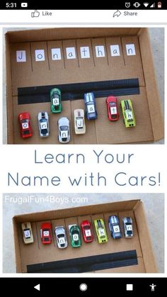 an open box with cars in it and the words learn your name with cars