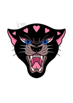 a black cat with blue eyes and pink hearts on it's head is shown