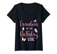 a black shirt with pink butterflies and the words grandma of the birthday girl on it