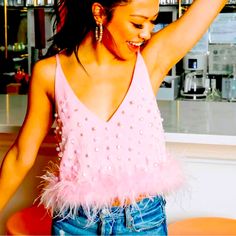 Buddy Love Pink Feathered Tank Crop Top With Pearls And Beads V Neck New Small Glitter Pink Tops, Feather Tank Top, Highwaisted Jeans, Beaded Feather, Feather Top, Jewel Top, Feather Tops, Buddy Love, Hair Appointment