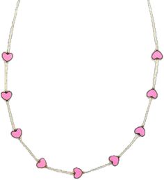 14k Gold Hot Pink Heart Station Necklace Trendy Pink Sterling Silver Jewelry, Dainty Single Strand Pink Jewelry, Trendy Pink Sterling Silver Necklaces, Trendy Pink Sterling Silver Necklace, Valentine's Day Jewelry With Heart Beads, Valentine's Day Jewelry With Heart-shaped Beads, Pink Jewelry With Adjustable Round Beads Chain, Double Heart Beads Necklaces For Jewelry Making, Valentine's Day Pink Beaded Necklaces