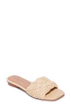 Woven raffia straps make an earthy textural statement on a slide sandal grounded by a lightly cushioned footbed. Cushioned footbed Synthetic upper/leather lining and sole Made in Brazil Woven Raffia, Sandal Women, Slide Sandals, Womens Sandals, Brazil, Nordstrom, Size 6, Sandals, Leather