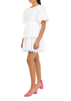 Scalloped embroidery adds feminine charm to this mini dress from ENGLISH FACTORY. | ENGLISH FACTORY Women's Scallop Embroidery Mini Dress, Medium Embroidered Short Sleeve Mini Dress For Brunch, Summer Mini Length Embroidered Dress, Summer Embroidered Hem Mini Dress, Summer Mini Embroidered Dress With Hem Detail, White Cotton Mini Hem Dress, Spring Mini Dress With Cutwork Hem, Spring Daywear Dresses With Scalloped Edges, Spring Day Dresses With Scalloped Edges, Spring Embroidered Mini Dress