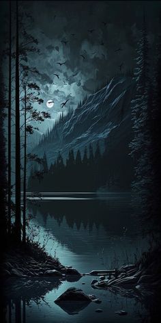 a night scene with trees, water and birds flying in the sky over a mountain lake