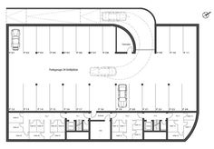 the floor plan for an office building with parking spaces and several cars parked in it