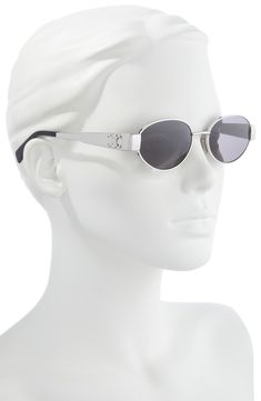 Logo-detailed temples lend subtle distinction to a pair of Italian-made sunglasses featuring a sleek metal frame with a retro-inspired silhouette. 54mm lens width; 18mm bridge width; 135mm temple length 100% UV protection Adjustable nonslip nose pads Metal Made in Italy Classic Silver Sunglasses With Metal Frame, Classic Oval Sunglasses With Metal Frame, Classic Oval Metal Frame Sunglasses, Modern Oval Sunglasses With Metal Frame, Elegant Silver Sunglasses With Round Frame, Elegant Silver Round Frame Sunglasses, Luxury Oval Sunglasses With Mirrored Lenses, Elegant Oval Sunglasses With Mirrored Lenses, Celine Triomphe