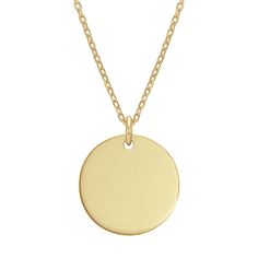 Engravable Disk Pendant in 14k Yellow Gold (18 in) | Shane Co. Initial Bracelet Gold, Initial Disc Necklace, Diamond Initial Necklace, White Gold Chain, White Gold Chains, Diamond Gift, Gold Diamond Jewelry, Gold Engraving, Bridal Gift