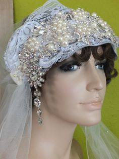 Wedding head piece handmade Flapper great Gatsby headband tiara veil wedding veil Flapper Wedding, Gatsby Headband, America Girl, Headband Tiara, Headpiece Wedding, Tres Chic, Wedding Veil, Girl Doll Clothes, Custom Dresses