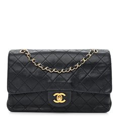 This is an authentic CHANEL Lambskin Quilted Medium Double Flap in Black. This chic shoulder bag is crafted of diamond quilted lambskin leather in black. The bag features a rear flat pocket, a leather threaded gold chain link shoulder strap, and a matching gold CC turn lock on the front flap. This opens the bag to an inner flap and smooth burgundy leather interior with patch pockets. Elegant Quilted Business Shoulder Bag, Elegant Quilted Business Bag, Elegant Leather Shoulder Bag With Diamond Quilting, Timeless Quilted Business Bag, Formal Leather Bag With Diamond Quilting, Chic Formal Shoulder Bag With Diamond Quilting, Timeless Quilted Business Shoulder Bag, Timeless Quilted Shoulder Bag For Business, Evening Leather Shoulder Bag With Diamond Quilting