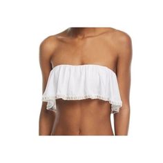 Pilyq Platinum Water Lilly Bikini Swim Top Color: White Gold Size: Large Whipstitched Pattern Flounced Strap Strapless Hand Wash Only Chic Bandeau Swimwear For Vacation, Cropped Tops For Poolside, Beach Bandeau Tops With Ruffles, Beachwear Cropped Tops For Poolside, White Triangle Top Swimwear With Ruffles, Summer Bandeau Swimwear With Ruffles, White Ruffled Tankini For Swimming, White Ruffled Swimwear For Beach Party, Ruffled Bandeau Swimwear For Summer