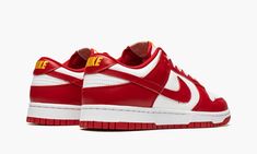 The Nike Dunk Low “USC” is a colorway of the retro basketball shoe that unofficially salutes the USC Trojans college basketball team.  Based on the Trojans’ team uniform colors, the “USC” features a white leather base with contrasting Gym Red-colored leather overlays and Swoosh branding.  Gold “Nike” detailing is embroidered on the heel.  Additional gold accenting can be found on the “Nike” and Swoosh logos on the white nylon tongue tag.  A white rubber midsole and Gym Red outsole finish off the Adidas Sl 72, White Gym, Retro Basketball Shoes, Nike Branding, Sneaker Design, Yellow Nikes, Nike Gold, Exclusive Sneakers, Adidas Spezial