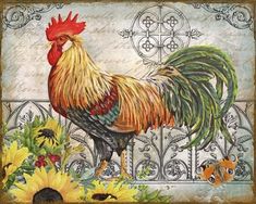 a rooster and sunflowers are painted on the side of a fence with ironwork