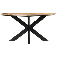 a round table with black metal legs and a wooden top on an isolated white background