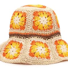 Steve Madden Merges A Classic Bucket Hat Silhouette With A Vintage Crochet Design In This Beige & Orange Granny Square Crochet Paper Straw Bucket Hat! Masterfully Crafted Of Loosely Crocheted Paper Yarn By Peter Grimm Bucket Hat Features Neutral Color Palette In A Beautiful Granny Square Pattern For A Vintage And Whimsical Vibe! Shades Of Beige, Orange, Yellow, White And Brown Make This Super-Chic And Feminine Granny Square Bucket Hat! It's Lightweight, Breathable And Packable, Just Fold To Pack Orange Granny Square, Granny Square Bucket Hat, Hat Silhouette, Straw Bucket Hat, Paper Yarn, Granny Square Pattern, Square Crochet, Granny Squares Pattern, Shades Of Beige