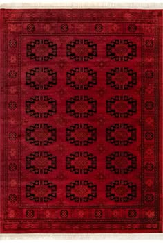 a red and black rug with an intricate design on the center, surrounded by smaller circles