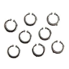 six pairs of silver plated hoop earrings on a white background with clippings