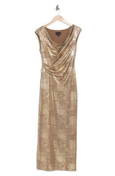 Show off captivating shine in this foiled jersey dress fashioned with a elegantly draped cowl neck and gracefully gathered waist. 58" length Slips on over head Cowl neck Sleeveless Lined 95% polyester, 5% spandex Hand wash, dry flat Imported Steve Madden Sneakers, Sleeveless Gown, Sweaters And Leggings, Comfortable Sandals, Comfortable Dress, Tie And Pocket Square, Jersey Dress, Jeans Dress