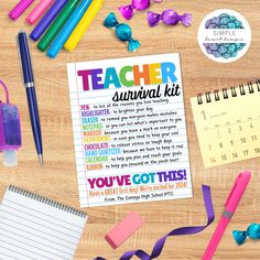 colorful printable teacher survival kit gift tag for teacher appreciation gift ideas from parents students or pto pta Teacher Survival Kit Gift, Welcome Back Gifts, Teacher Survival Kit, Survival Kit Gifts, New Teacher Gift, Staff Appreciation Gifts, Survival Kit For Teachers, Teacher Survival, Everyone Makes Mistakes