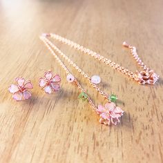 🌸 2 PACK | Hypoallergenic crystal floral stud earrings and necklace beads matching set. Beautiful romantic rose gold jewelry set for women, teens, and girls fashion.🌸 SAKURA | Dainty cute sakura cherry blossom designs are an iconic Japanese flower shown in this adorable, elegant beautiful design. Spring is here! Fantastic gift too for birthdays, weddings, and other special occasions.🌸 PINK | Pastel pink lacquer, green beads, and rose gold floral pendant, and sterling silver chain. High qualit Rose Gold Jewelry Set For Valentine's Day Gift, Pink Gold Jewelry With Clavicle Chain For Gift, Cute Flower Pendant Jewelry For Gifts, Cute Flower Shaped Jewelry For Gifts, Cute Flower Pendant Jewelry Gift, Feminine Flower Charm Jewelry As A Gift For Her, Cute Jewelry For Mother's Day Gift, Cute Flower Shaped Jewelry Gift, Cute Flower-shaped Jewelry For Gifts