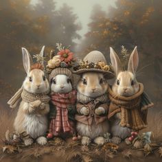 three rabbits wearing hats and scarves are standing in front of an autumn scene with trees