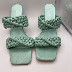 Cute Mint Green Soft Braided Straps. Low Heels. New Without Tags Green Block Heel Sandals For The Beach, Green Block Heel Sandals For Beach, Casual Green Sandals With Wrapped Heel, Bettie Page Shoes, Blue Block Heels, Rose Gold Shoes, Bridal Pumps, Floral Heels, Nina Shoes