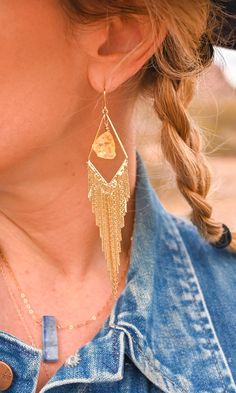 "Do you get any cooler than these raw citrine fringe earrings? I don't think so! You can rock these lightweight beauties with a rocker tee and jeans just as much as you can with a black party dress and be the STAR OF THE SHOW. Feel em swing and brush your neck with every head turn, blocking bad vibes. Citrine is the stone of joy. It brings in all the good energy and shines, just like you. ▲ Raw citrine crystal pendants *every crystal one of a kind and will range in size from 15mm-25mm ▲ Length o Yellow Fringe Dangle Jewelry, Yellow Fringe Jewelry Gift, Yellow Fringe Jewelry For Gift, Citrine Dangle Earrings, Cotton Jewelry, Raw Citrine, Gold Fringe, Citrine Earrings, Long Tassel Earrings