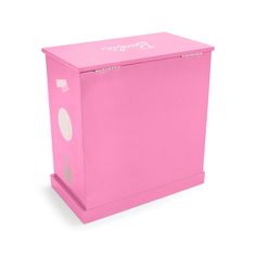 a pink toy chest sitting on top of a white floor