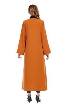 Our Eastern-influenced Terra Cotta Open Front Abaya is an elegant piece destined for your summer wardrobe. Featuring an open longline design, lace detailing down the front, and loose, comfortable sleeves, this lovely abaya may be worn over a white or matching color maxi dress for a chic daytime look. Solid Long Thobe For Eid, Long Thobe For Eid, Fall Solid Color Maxi Length Abaya, Modest Long Abaya For Fall, Modest Long Solid Color Kaftan, Open Abaya Style, Abaya Cardigan, Turkish Women, Cardigan Long