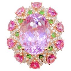 The Following Item we are offering is this Rare Important Radiant 18KT Gold Winston Style LARGE Glittering and Sparkling Magnificent Fancy Kunzite and Fancy Pink Sapphire and Green Sapphire White Diamond Ring. Ring Contains a Beautiful Fancy Shaped Oval Cut Pink Kunzite surrounded with a Halo of Rare Glittering Pink Sapphires and Green Sapphire with Diamonds!!! Stones are Very Clean and Extremely Fine! T.C.W. Approx 17CTS!!! This Magnificent Ring is from a Private Top Manufacturer that sold to I Pink Sapphire Diamond Ring, Imvu Outfits, Imvu Outfits Ideas Cute, Pink Kunzite, Vintage Cocktail Ring, Rings Unique, White Diamond Ring, Sapphire Diamond Ring, Wedding Rings Unique