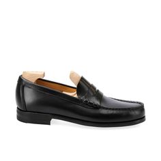 PENNY LOAFERS IN BLACK VARIK Timeless Black Slip-on Moccasins, Black Plain Toe Loafers With Leather Sole, Timeless Black Slip-on Loafers, Luxury Black Moccasins, Slip-on Round Toe Dress Shoes For Galas, Modern Black Moccasins With Rubber Sole, Black Loafers With Stitched Sole, Black Goodyear Welted Moccasins With Round Toe, Black Plain Toe Modern Moccasins