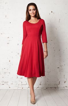 An easy on the eye 1950s inspired red ponte dress in our exquisite roma fabric. Cut to flatter with ¾ sleeves and a scoop neckline, the wide skirt smoothes over curves while the ponte seams create a slimming silhouette Office 9-5 or casual brunch with the girls, our chilli pepper red dress has all the hallmarks of Alie Street styling. Easy to wear soft fabrics cut to shape and flatter with a flirty skirt - a real confidence booster. Details to love – Fit and flare skirt, flattering ponte seams, Red Dress Office Outfit, Red Graduation Gown, Wide Skirt, Kate Middleton Outfits, Fit And Flare Skirt, Chilli Pepper, Ponte Dress, Paris Dresses, Dresses Outfits