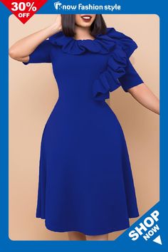 knowfashionstyle Royal Blue Elegant Solid Flounce Fold Zipper O Neck A Line Dresses Line Dresses, A Line Dresses, Half Sleeve Dresses, Hip Dress, Fashion Gallery, Wholesale Fashion, Half Sleeves, Dresses Online, Dress Length