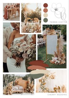 the wedding color scheme is peach, brown and white with an assortment of greenery