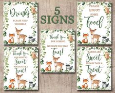 four signs with the words, 5 signs and three pictures of animals in forest printable