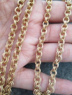 "A stunning heavy weight etched rounded link chain, 24\" long. Beautiful design with expert craftsmanship. 12kt. gold filled ( NOT plated, and yes, it is stamped). You may add a favorite pendant onto the bale, or take the bale off and just wear the chain plain. Get the look and feel of 14kt. without the exorbitant price tag...14kt. would cost you over $2500. for a chain like this! You will be wearing this for many years to come. Low pricing. Tested results = 12kt. gold filled, 32.4 grams in weig Vintage Gold Cable Chain Necklace, Gold Oval Rolo Chain Necklace, Antique Gold Curb Chain Necklace, Silver Emerald Ring, Oval Stud Earrings, Gold Chains For Men, Gold Link, Blowout Sale, Mens Gold