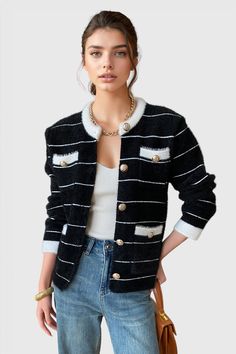 This beautiful Textured Striped Jacket is crafted from soft, slightly stretchy fabric and features gold buttons for a touch of elegance. The minimal fit is finished with subtle horizontal stripes that add texture and dimension.Fabric: Polyester, Acrylic, Cotton Striped Jacket, Black Textures, Horizontal Stripes, Striped Cardigan, Gold Buttons, Black Cardigan, Stretchy Fabric, Knitwear, Active Wear