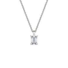 Single Bail Four Prong Pendant - 18K White Gold. A beautiful diamond is accentuated in this elegant, classic four prong pendant. The pendant dangles gracefully from a delicate cable chain. Elegant Emerald Cut Diamond Necklace For Formal Events, Classic Baguette Cut Diamond Necklace For Formal Occasions, Elegant Vvs Clarity Emerald Cut Diamond Necklace, Elegant Baguette Cut Diamond Necklace In Prong Setting, Elegant White Gold Necklace With Emerald Cut, Timeless Platinum Solitaire Necklace, Classic Diamond White Baguette Cut Necklace, Elegant Baguette Cut Solitaire Necklace, Classic Vvs Clarity Baguette Cut Diamond Necklace